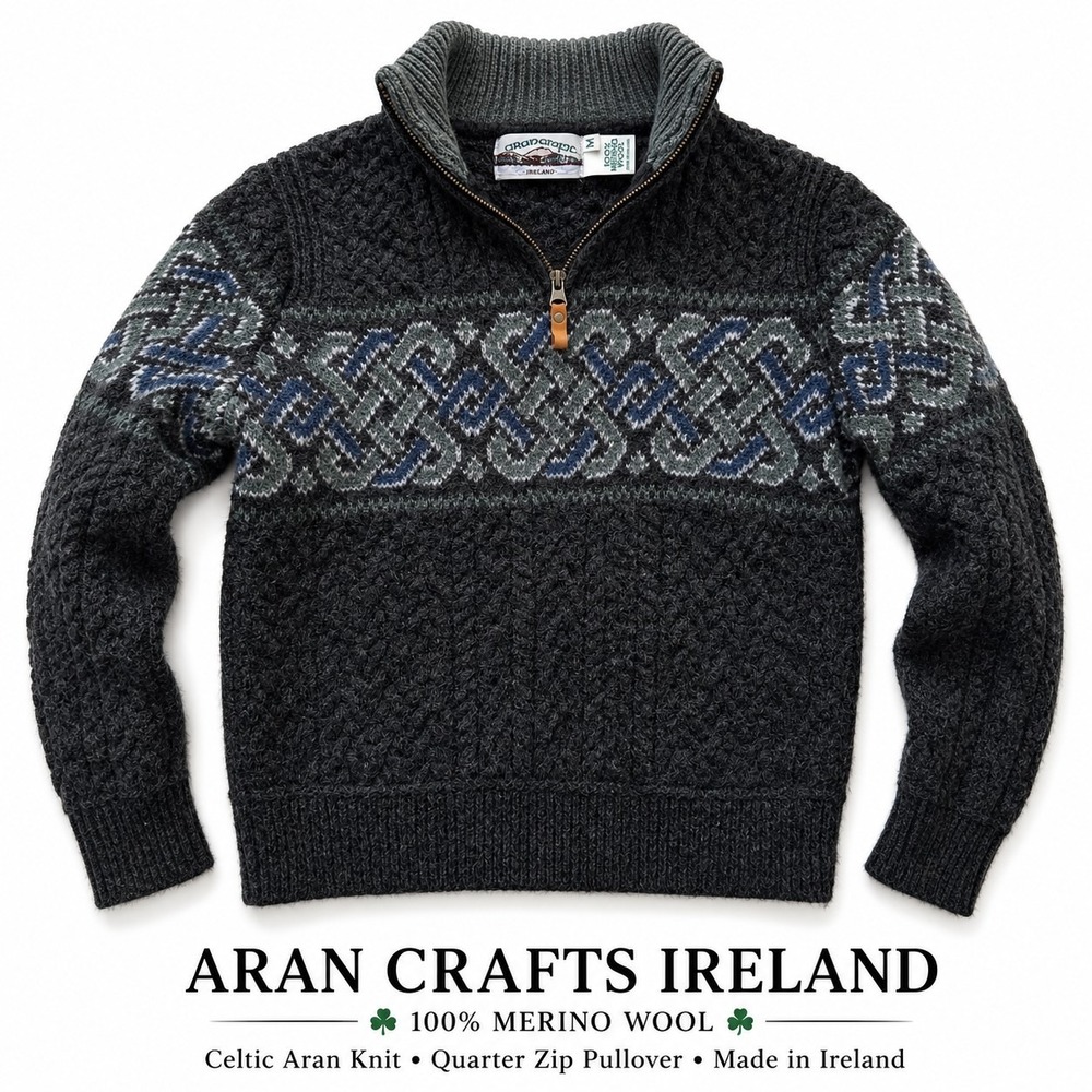Aran Crafts Ireland Merino Wool Sweater Womens M Celtic Cable Knit Quarter Zip